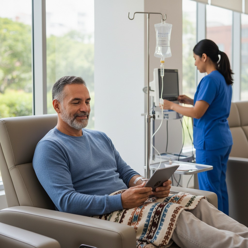 Un hombre con barba sonríe mientras usa una tableta sentada en un sillón clínico, con una enfermera al fondo junto a un soporte de suero intravenoso, con tratamiento oncológico