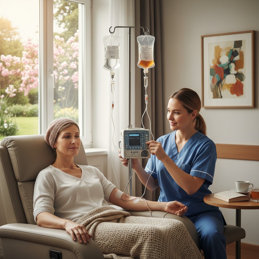 Una enfermera ajusta una bomba de infusión conectada a una paciente sentada en un sillón reclinable. la cual está recibiendo quimioterapia
